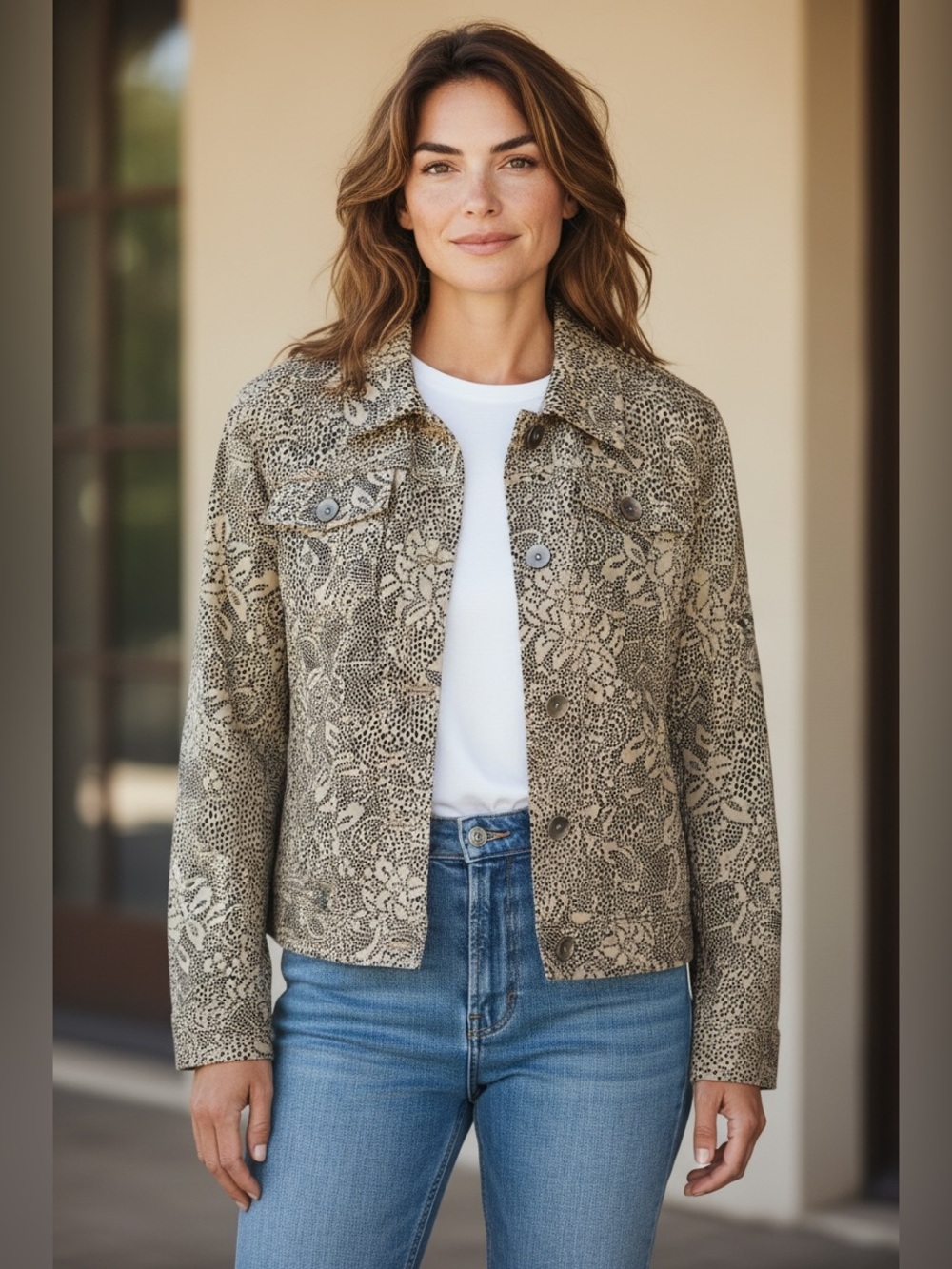 Christopher & Banks Beige Floral Print Jean Jacket
